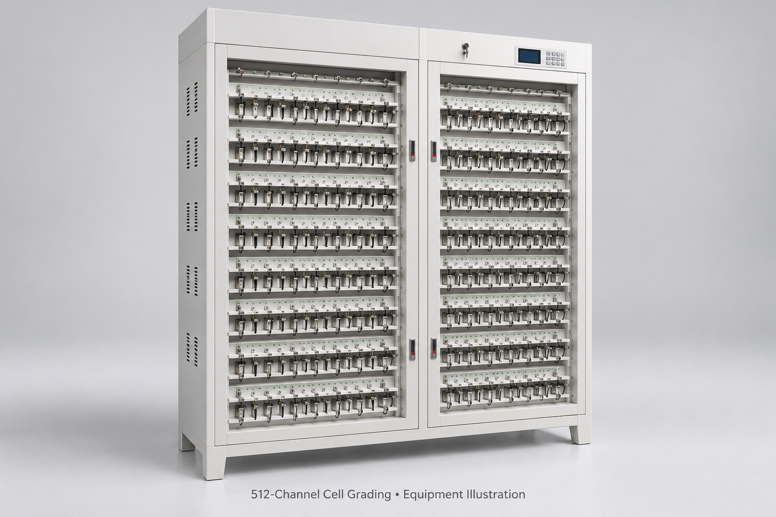 Representative illustration of a 512-channel battery cell grading cabinet