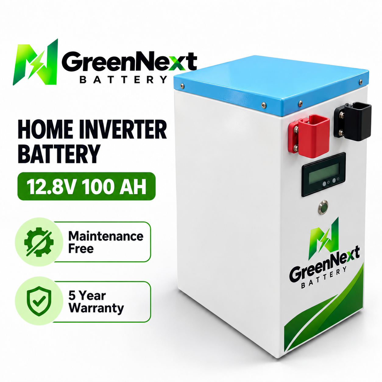 GreenNext 12.8V 100Ah LFP lithium home inverter battery with blue lid and white cabinet, maintenance free with 5 year warranty